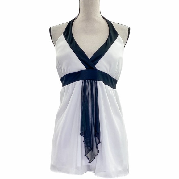 STUDIO Y White & Black Sleeveless Surplice V-Neck Tie Waist Halter Top - Picture 1 of 10
